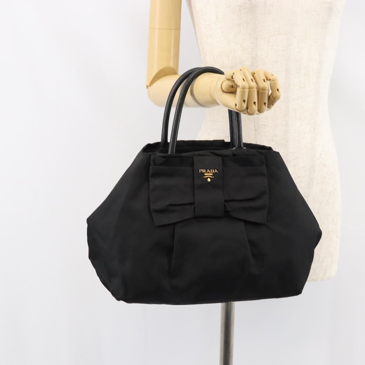 PRADA ribbon Hand Bag Nylon Leather Black Gold Auth 153236