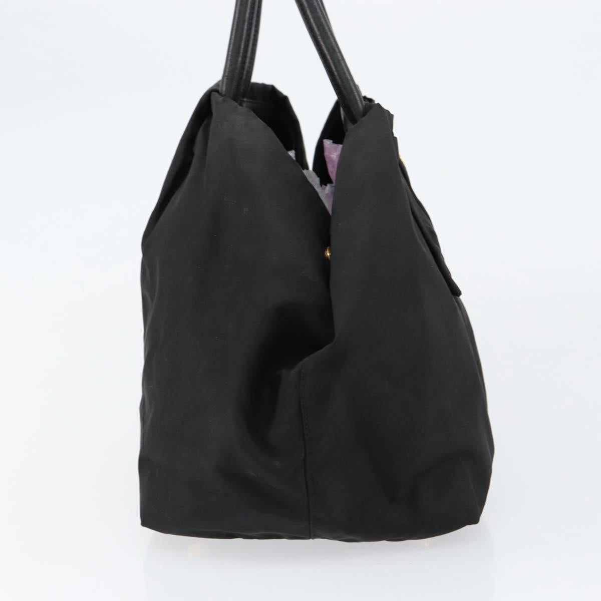 PRADA ribbon Hand Bag Nylon Leather Black Gold Auth 153236