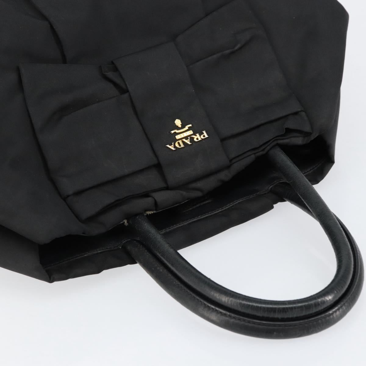 PRADA ribbon Hand Bag Nylon Leather Black Gold Auth 153236