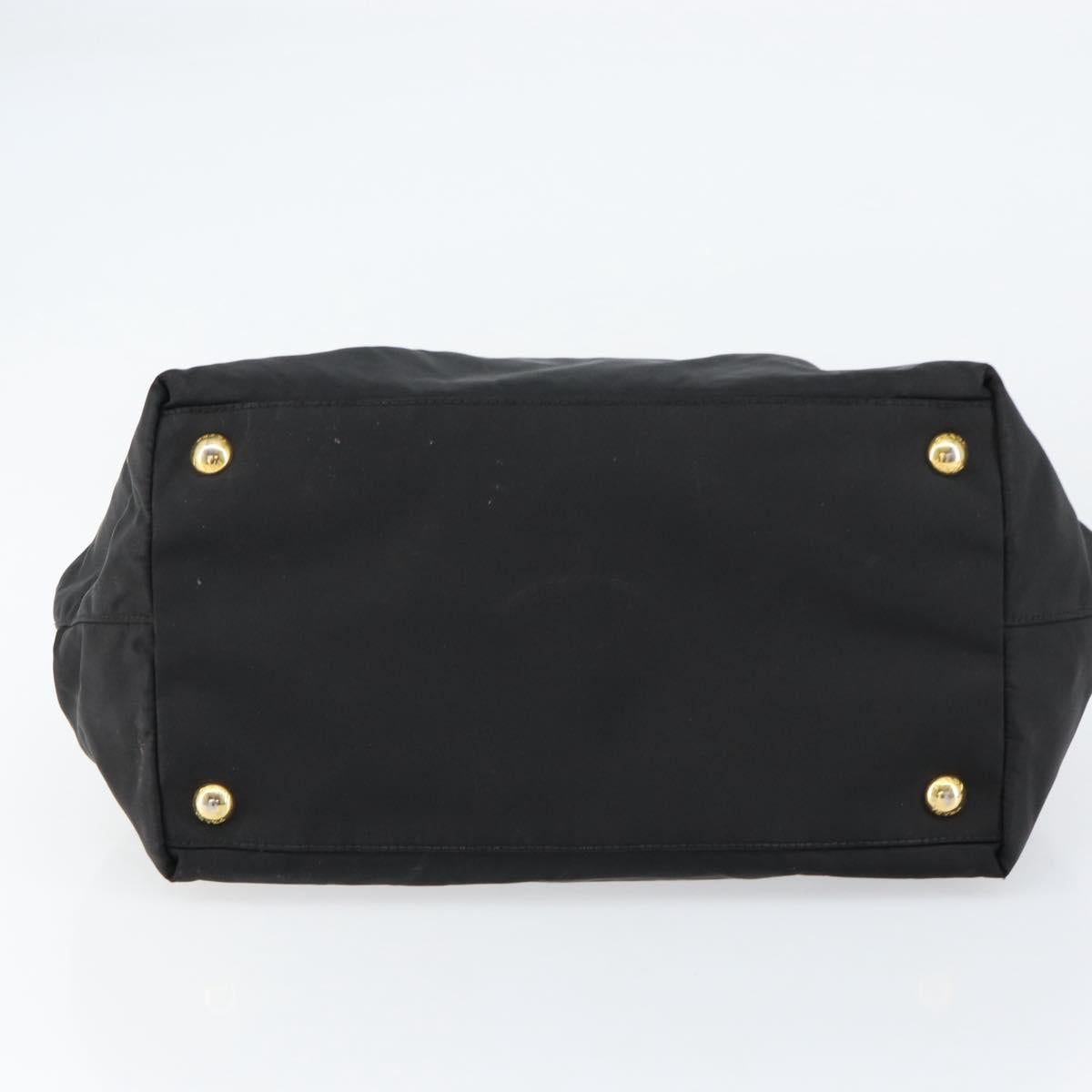 PRADA ribbon Hand Bag Nylon Leather Black Gold Auth 153236