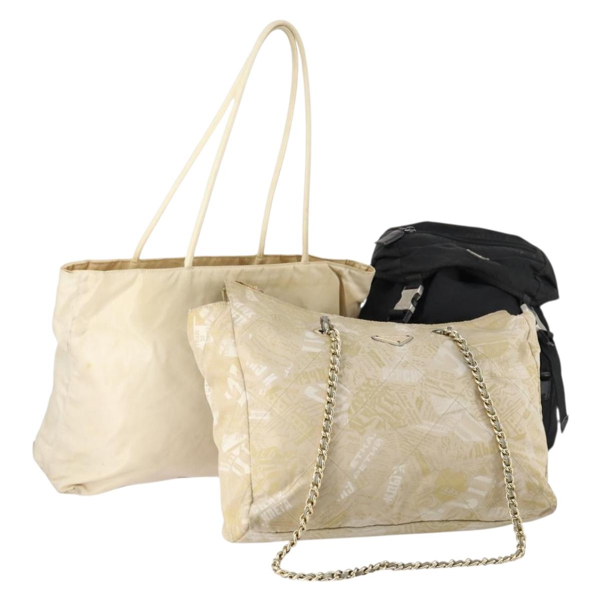 PRADA Hand Bag Nylon 3 Set White Black Auth 153252