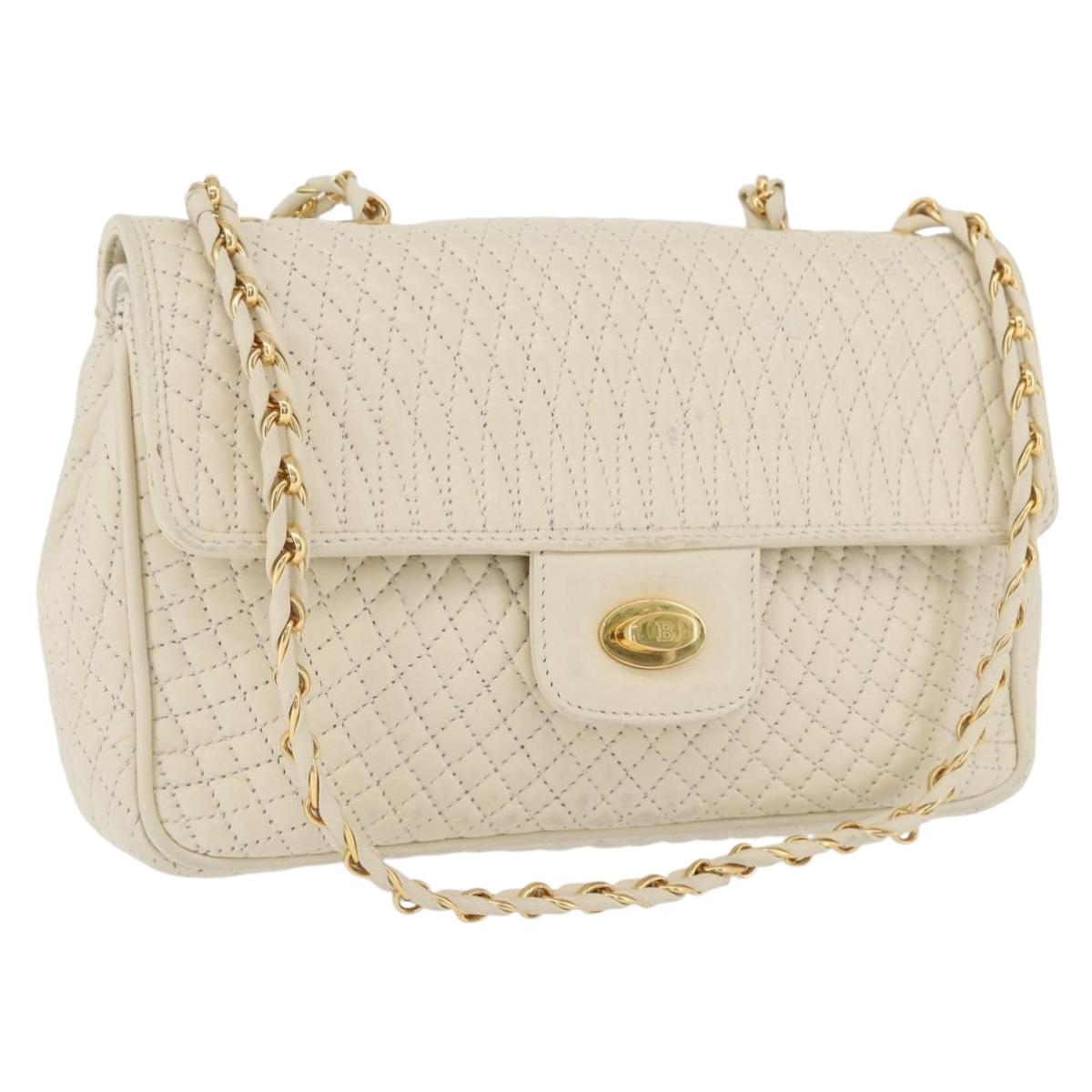 BALLY Quilted Chain Shoulder Bag Leather White Gold Auth 153254