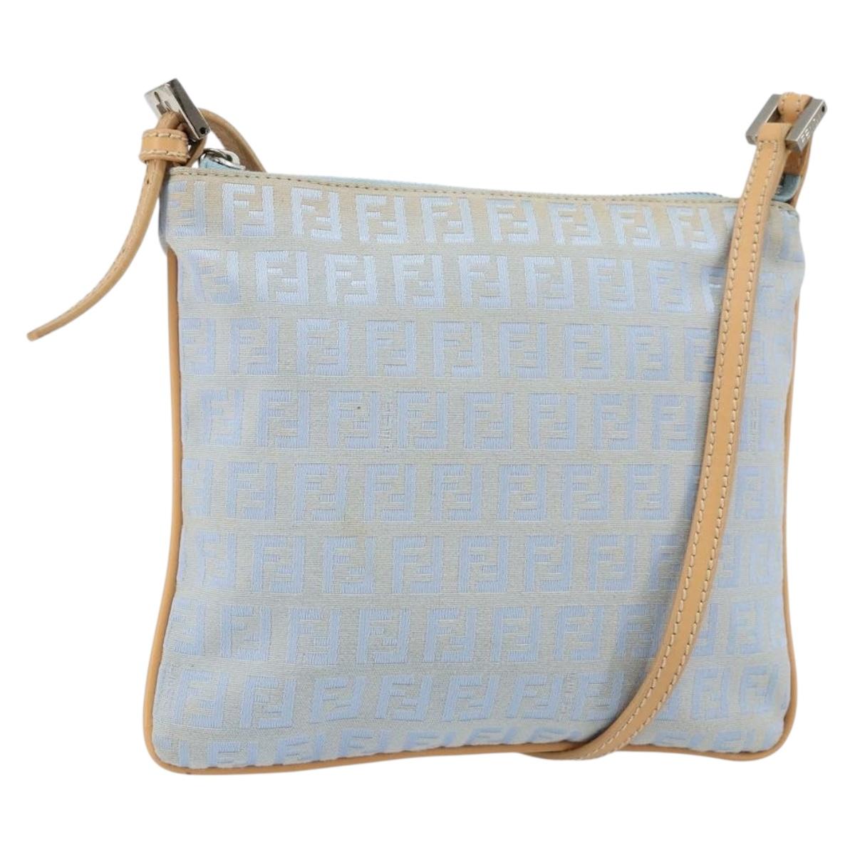 FENDI Zucchino Canvas Shoulder Bag Light Blue Silver Auth 153315