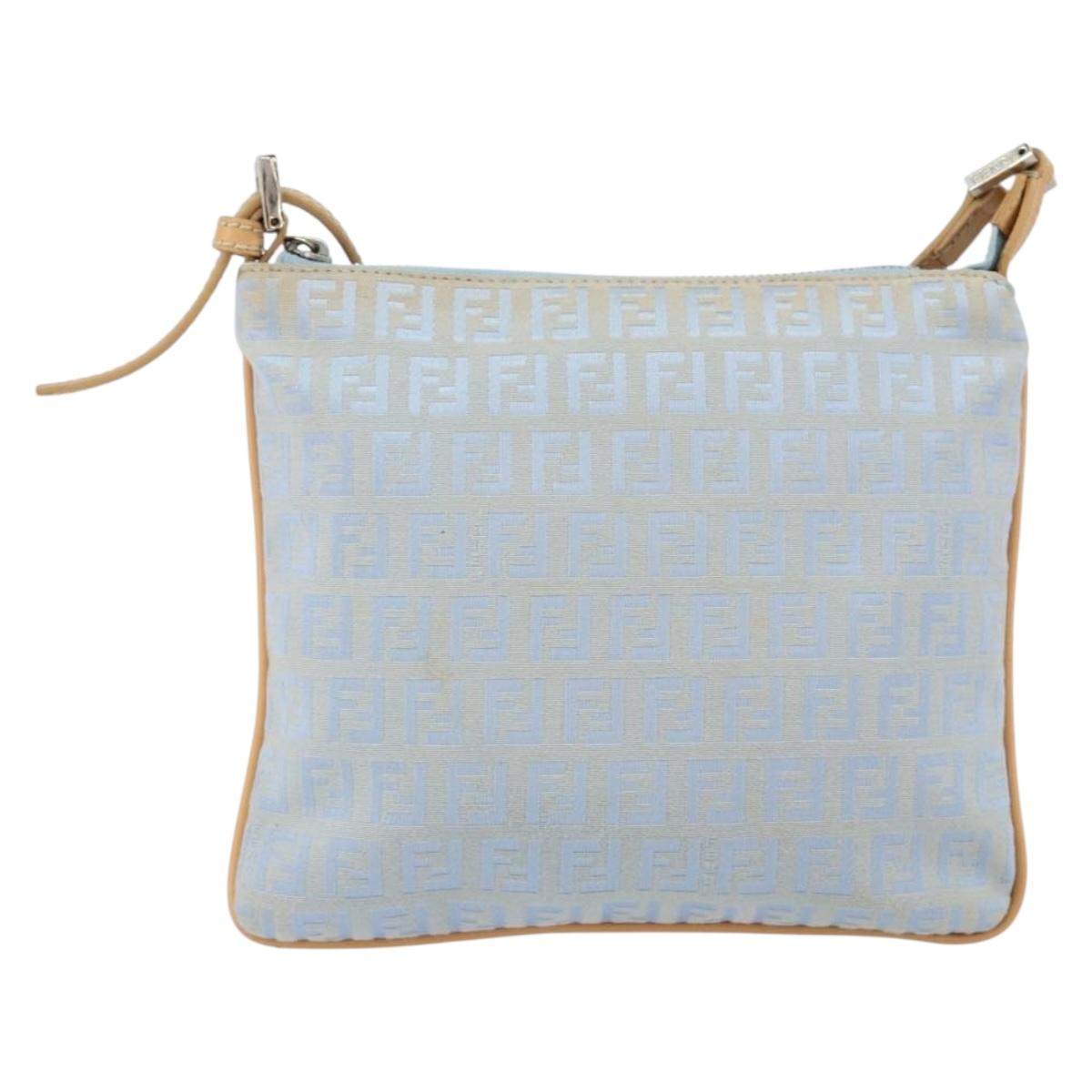 FENDI Zucchino Canvas Shoulder Bag Light Blue Silver Auth 153315