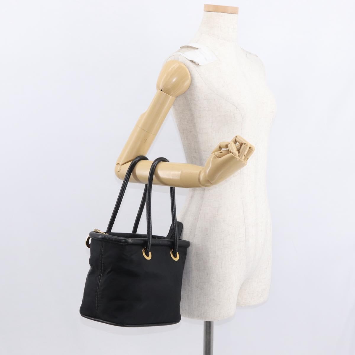 CELINE Circle Hand Bag Nylon Leather Black Gold Auth 153316