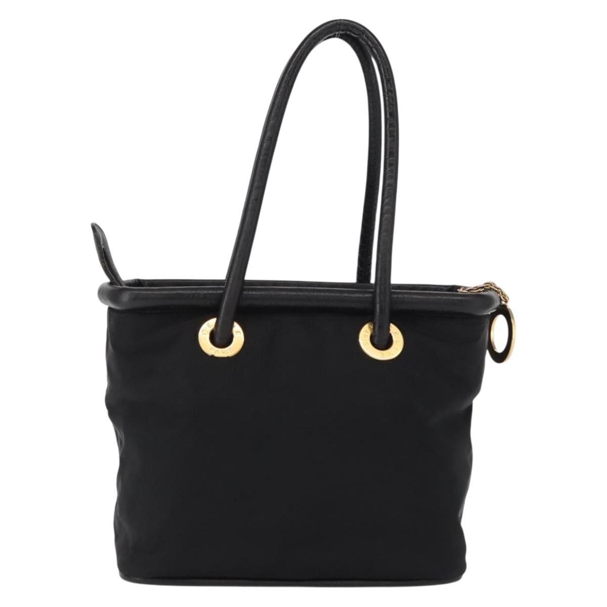 CELINE Circle Hand Bag Nylon Leather Black Gold Auth 153316