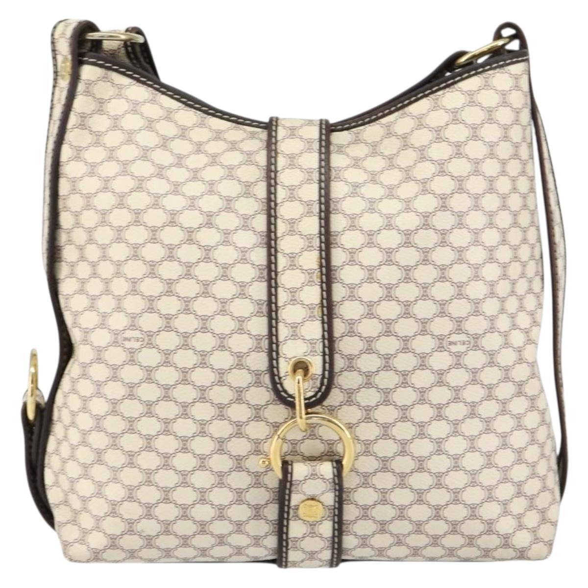 CELINE Macadam Canvas Shoulder Bag PVC Leather White Gold Auth 153319