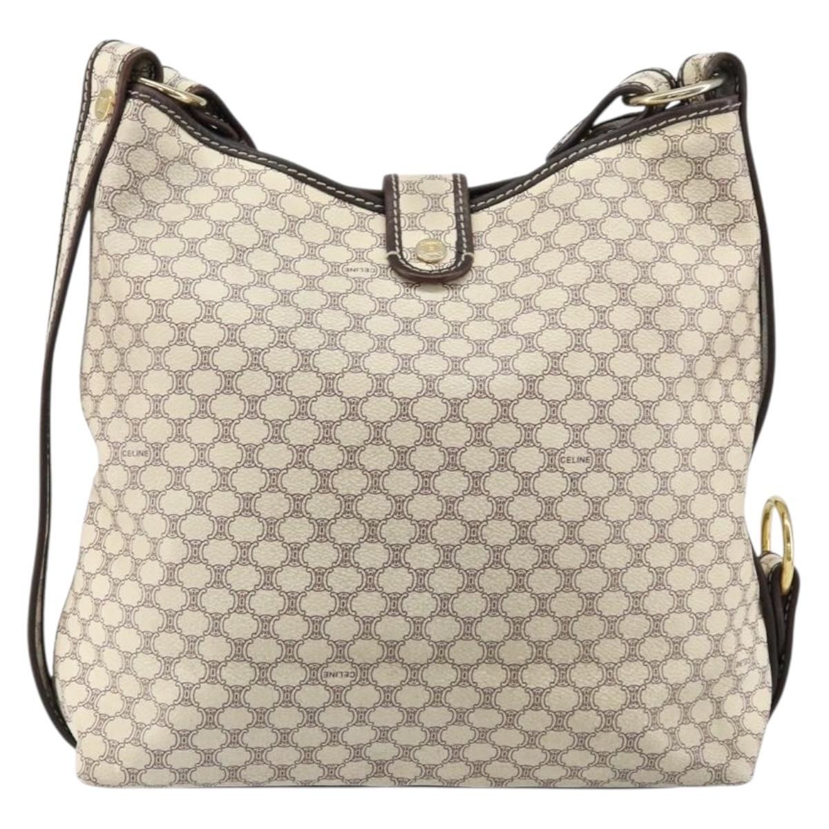 CELINE Macadam Canvas Shoulder Bag PVC Leather White Gold Auth 153319