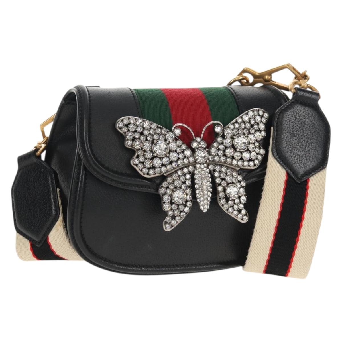 GUCCI Totem Butterfly Web Sherry Line Bag Leather Black 505387 Auth 153330SAM