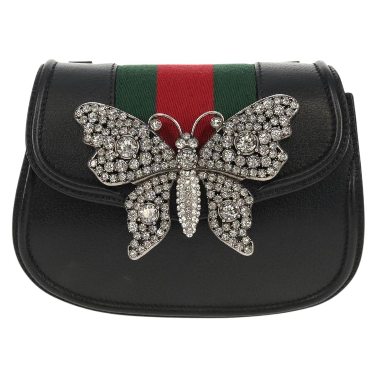 GUCCI Totem Butterfly Web Sherry Line Bag Leather Black 505387 Auth 153330SAM