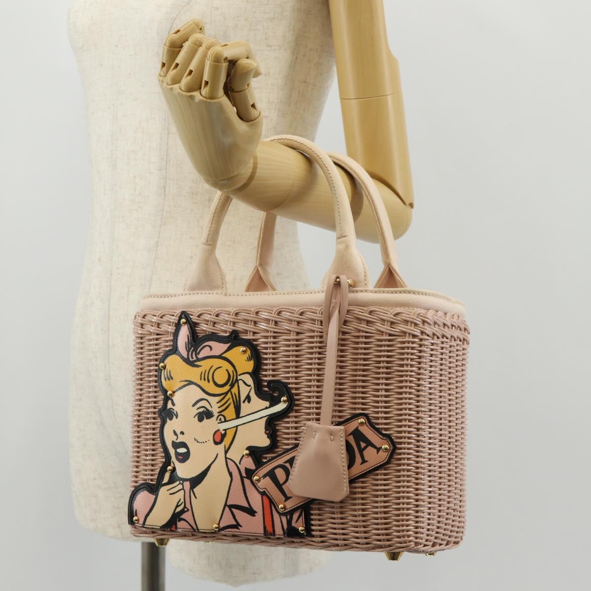 PRADA MIDOLLINO PATCH Wicker Basket Bag Bag Rattan Pink Gold 1BG835 Auth 153331V