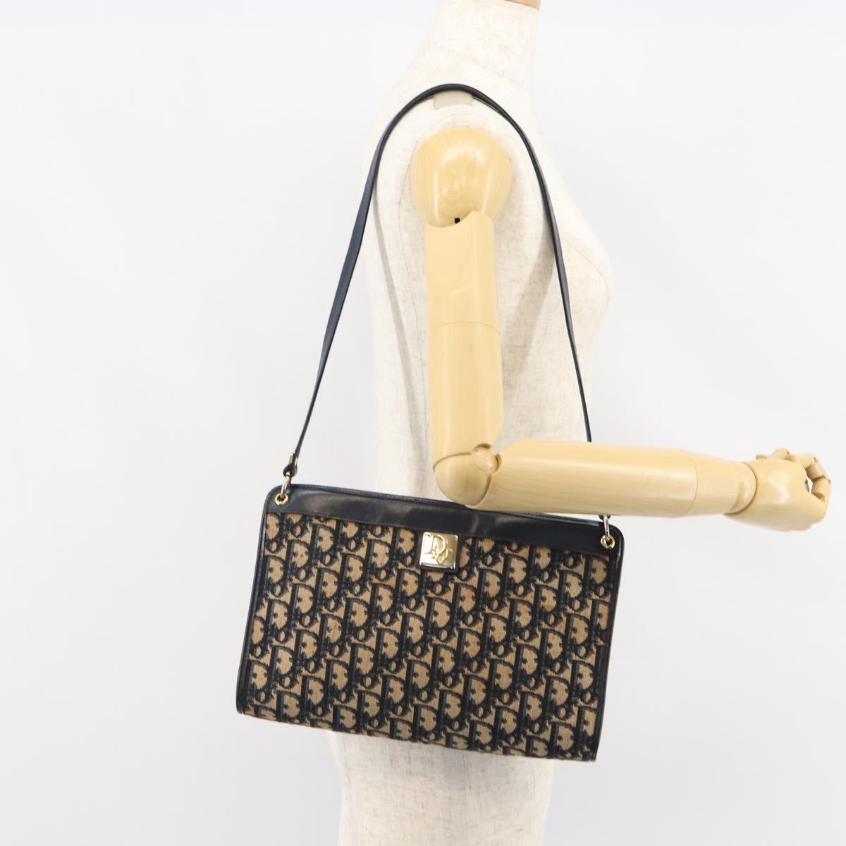 Christian Dior Trotter Canvas Shoulder Bag Navy Gold Auth 153348