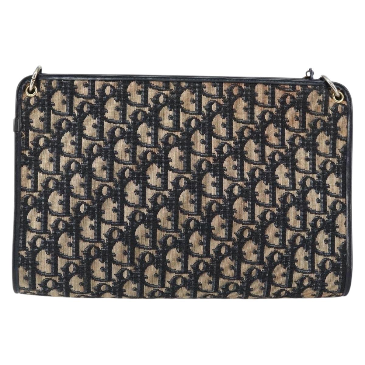 Christian Dior Trotter Canvas Shoulder Bag Navy Gold Auth 153348