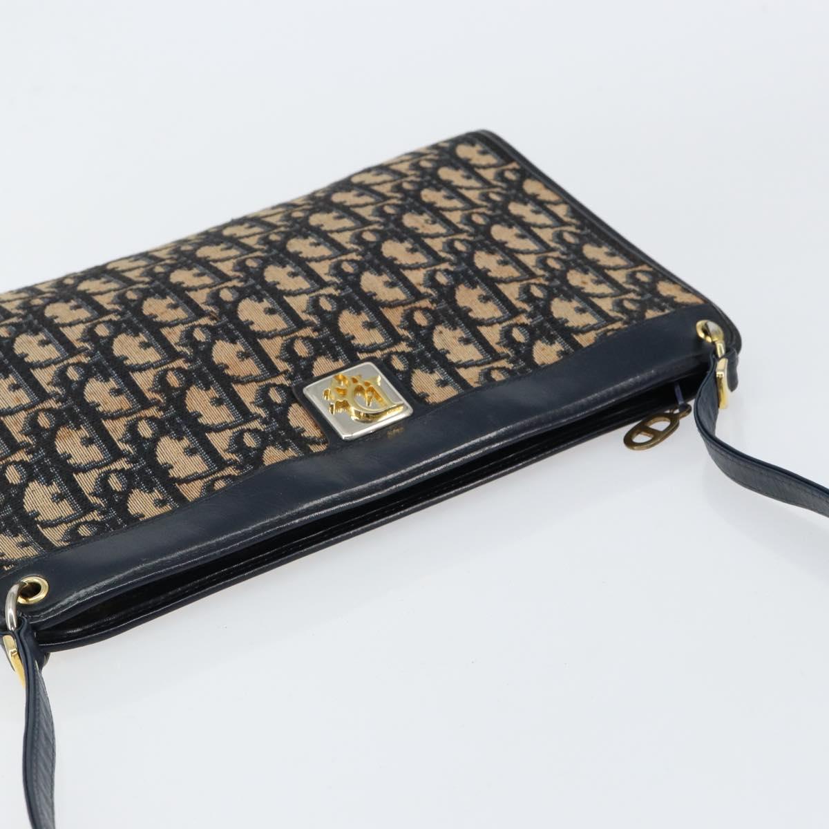 Christian Dior Trotter Canvas Shoulder Bag Navy Gold Auth 153348