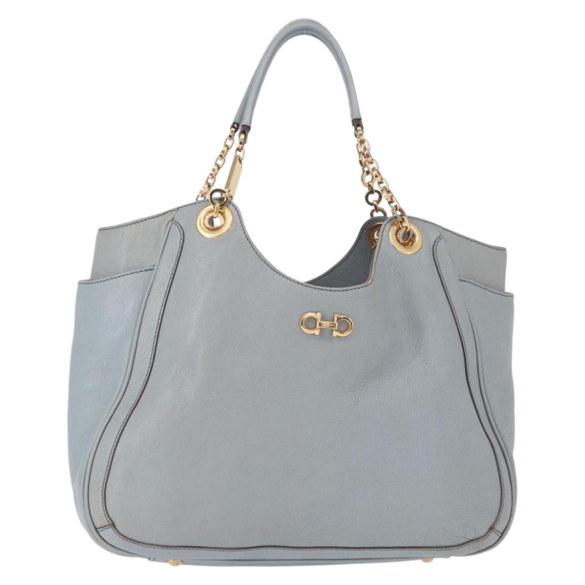 Salvatore Ferragamo Gancini Tote Bag Leather Light Blue Gold Auth 153367