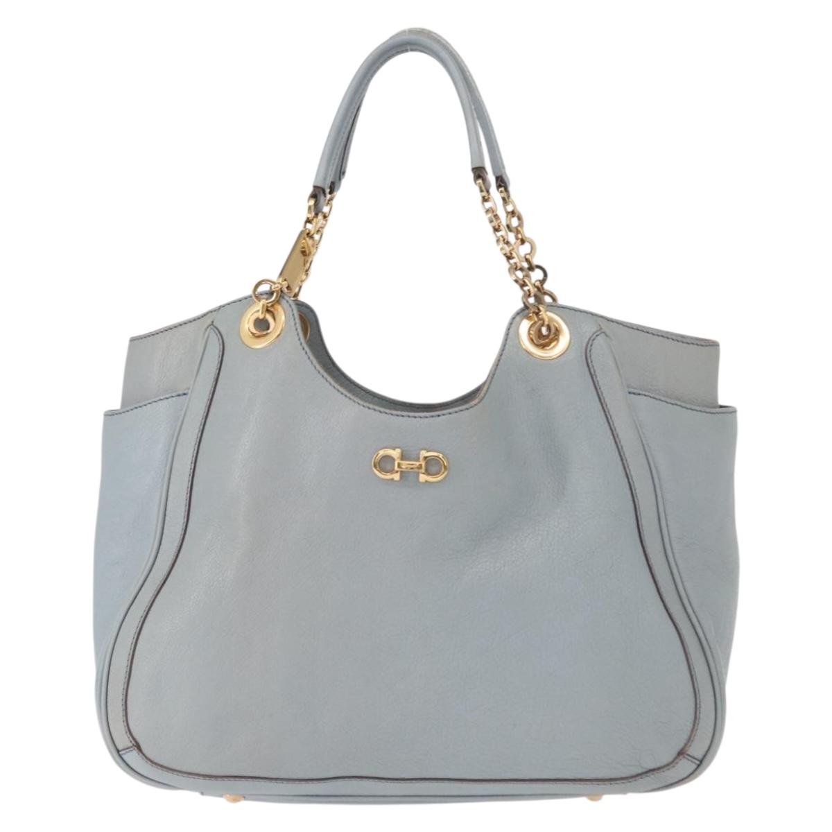 Salvatore Ferragamo Gancini Tote Bag Leather Light Blue Gold Auth 153367
