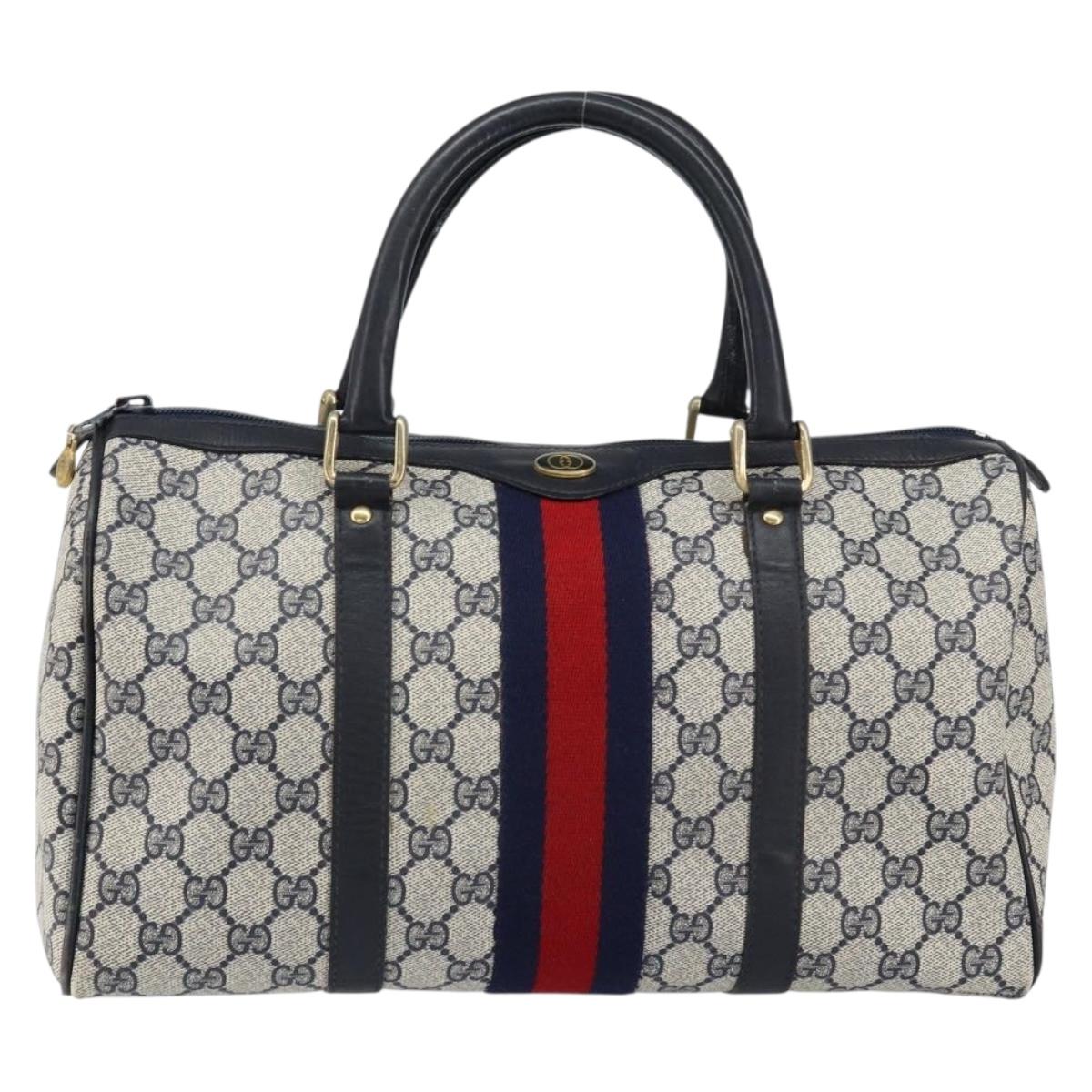 GUCCI GG Supreme Sherry Line Boston Bag PVC Navy Gold Red Auth 153368