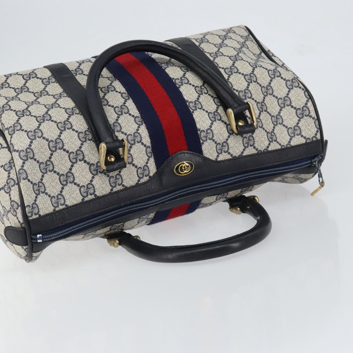 GUCCI GG Supreme Sherry Line Boston Bag PVC Navy Gold Red Auth 153368