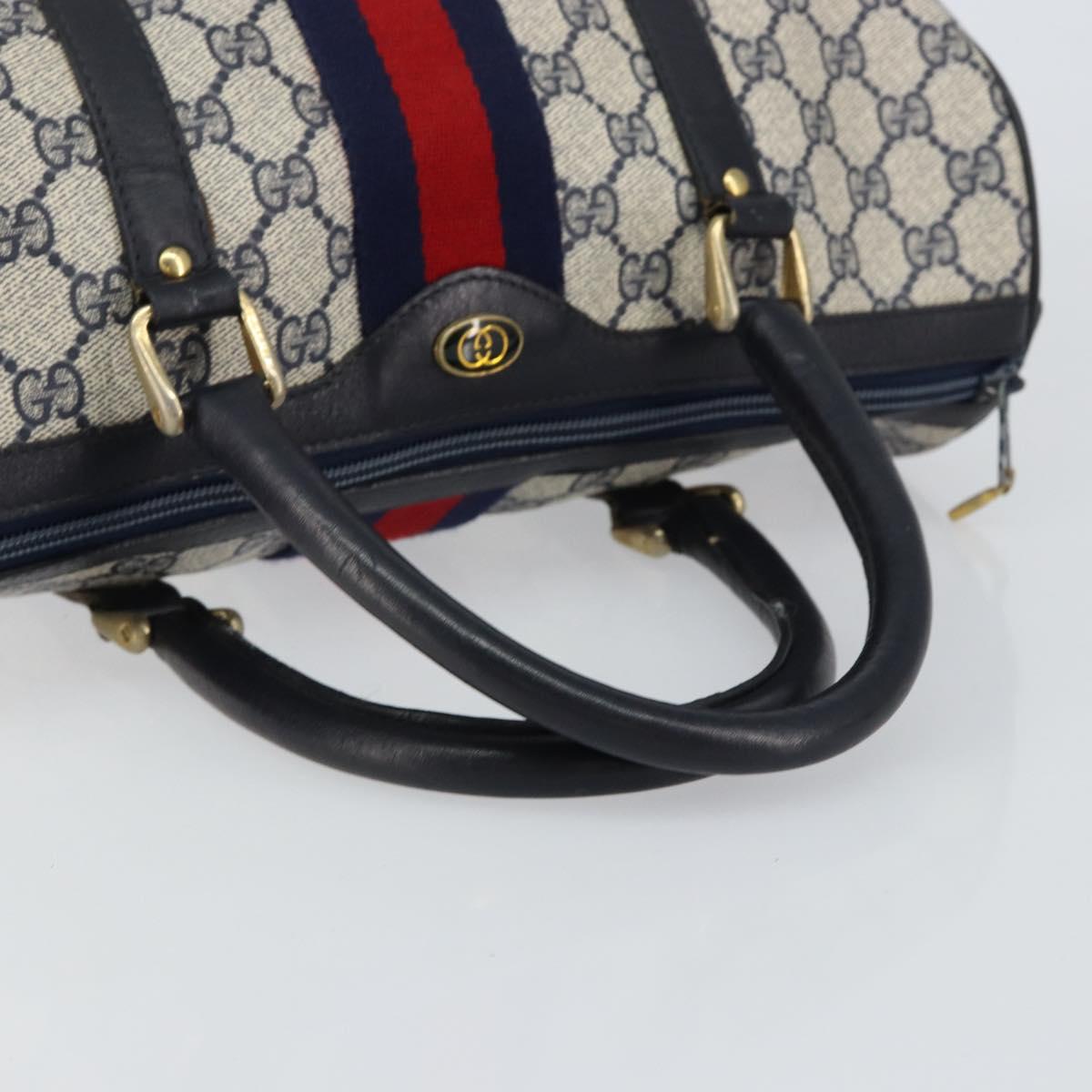 GUCCI GG Supreme Sherry Line Boston Bag PVC Navy Gold Red Auth 153368