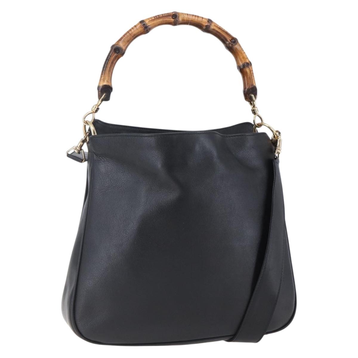 GUCCI Bamboo Hand Bag Leather 2way Black Gold 001 1998 1638 Auth 153369