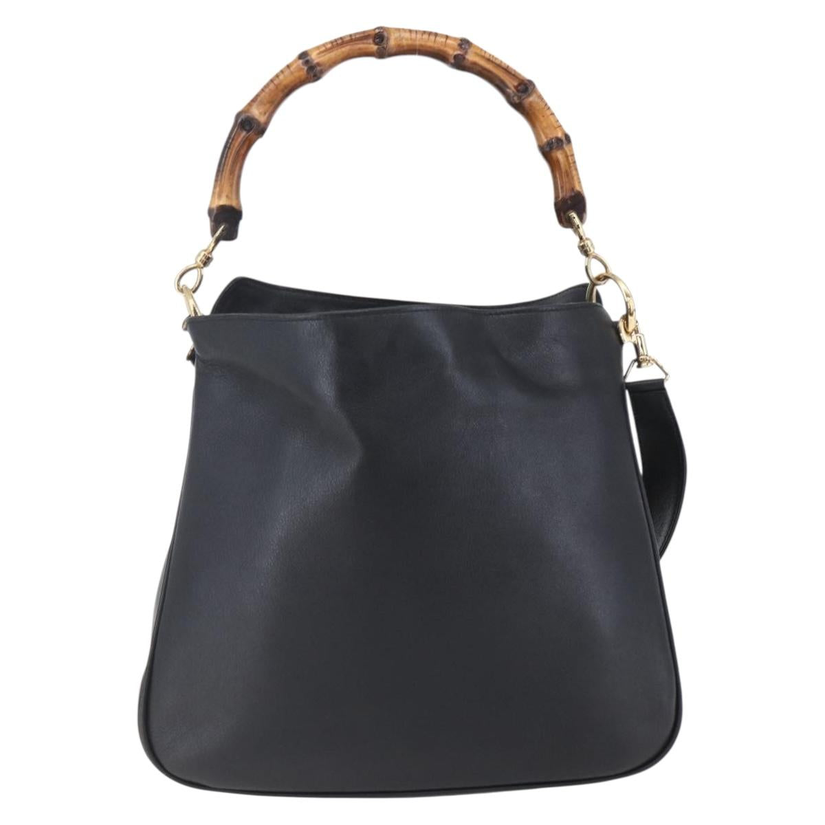 GUCCI Bamboo Hand Bag Leather 2way Black Gold 001 1998 1638 Auth 153369