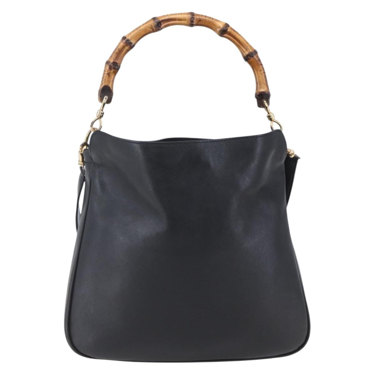 GUCCI Bamboo Hand Bag Leather 2way Black Gold 001 1998 1638 Auth 153369