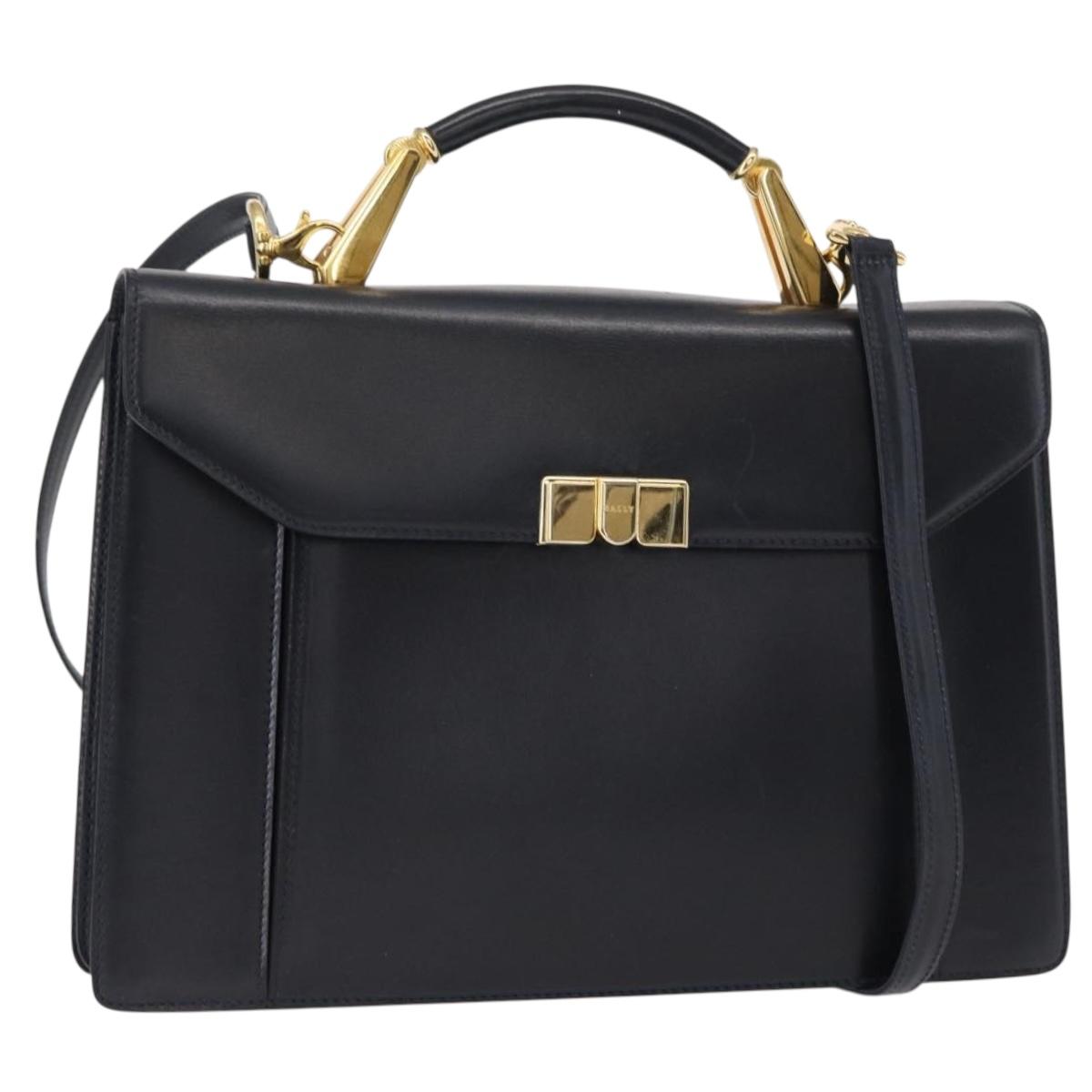 BALLY Hand Bag Leather 2way Navy Gold Auth 153371