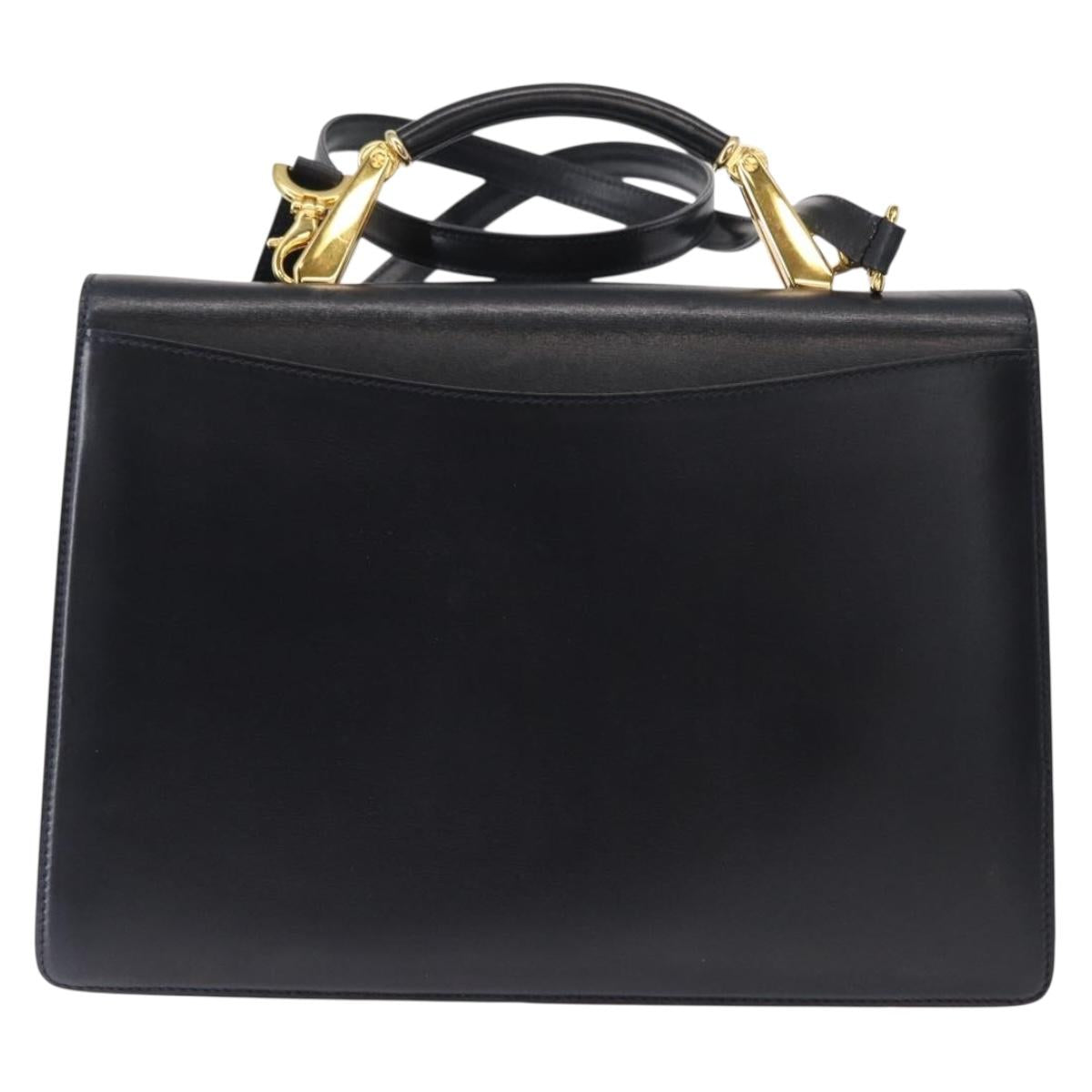 BALLY Hand Bag Leather 2way Navy Gold Auth 153371