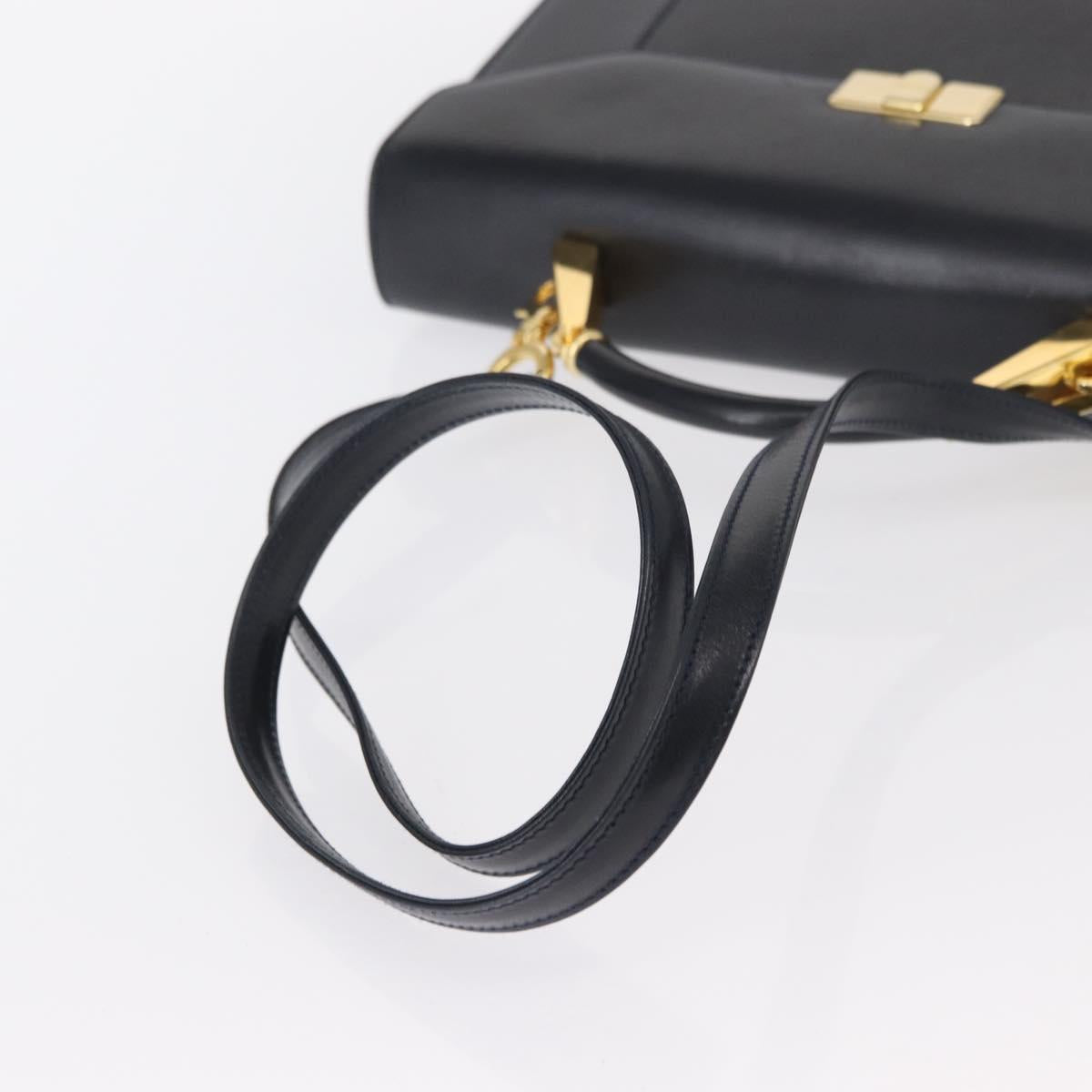 BALLY Hand Bag Leather 2way Navy Gold Auth 153371