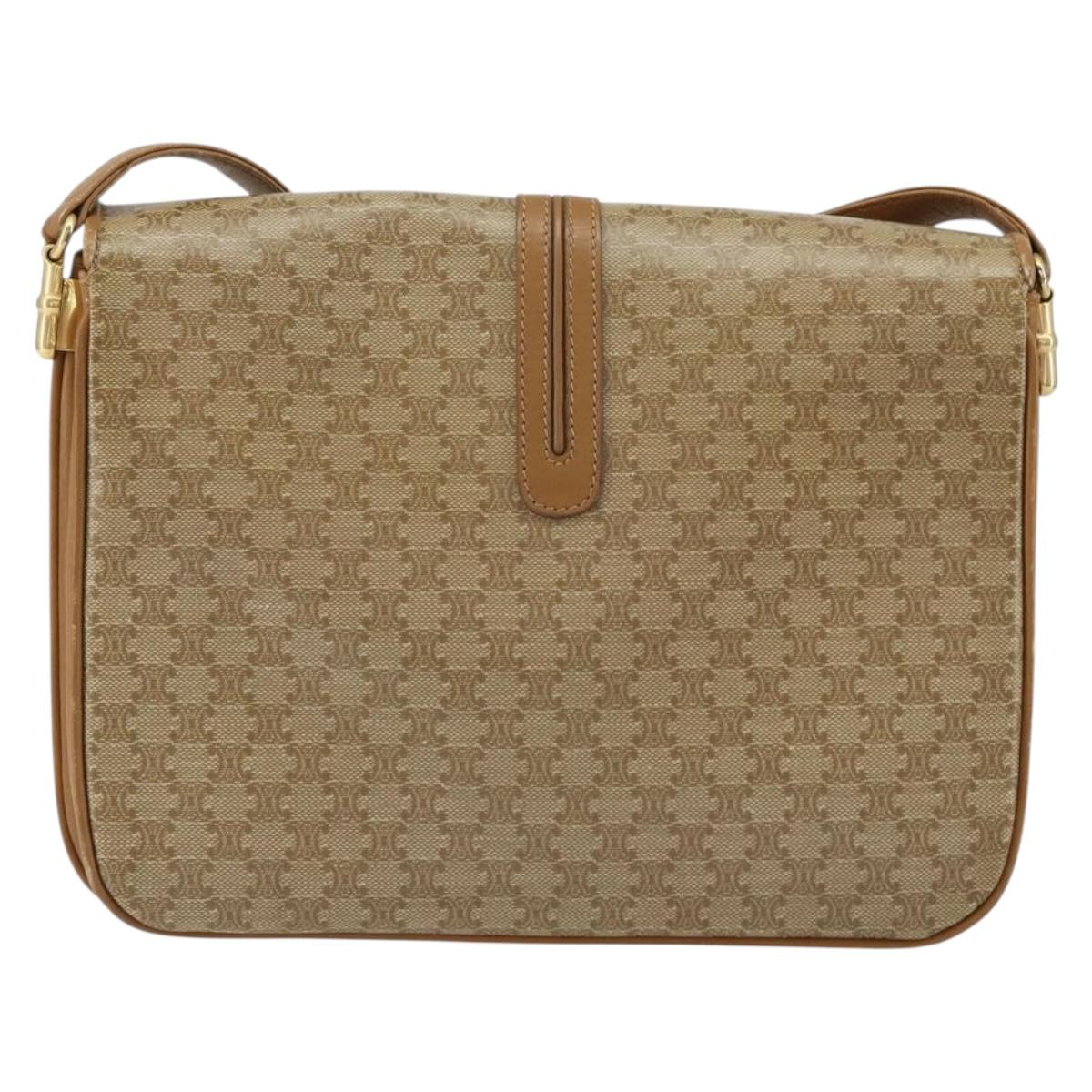 CELINE Macadam Canvas Shoulder Bag PVC Leather Beige Gold Auth 153390