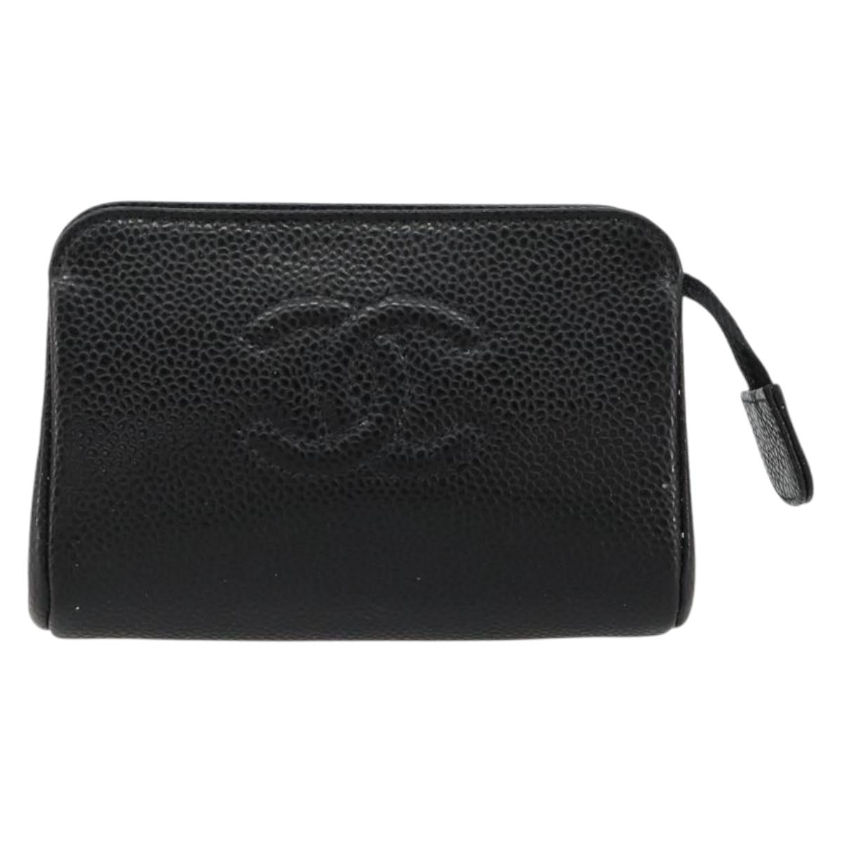 CHANEL COCO Mark Pouch Caviar Skin Black Gold CC Auth 153420
