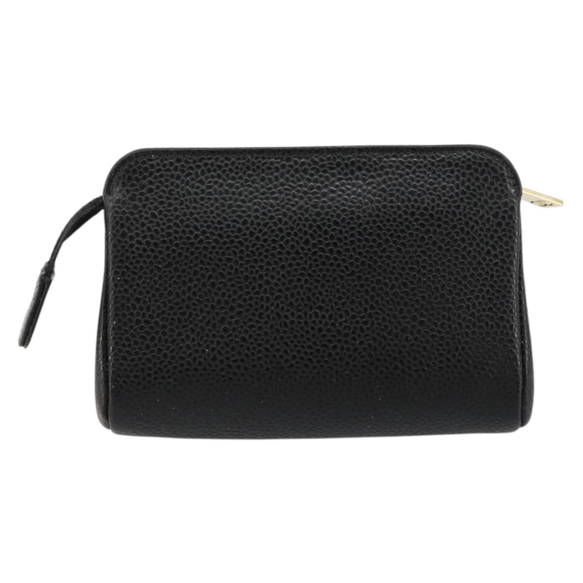 CHANEL COCO Mark Pouch Caviar Skin Black Gold CC Auth 153420