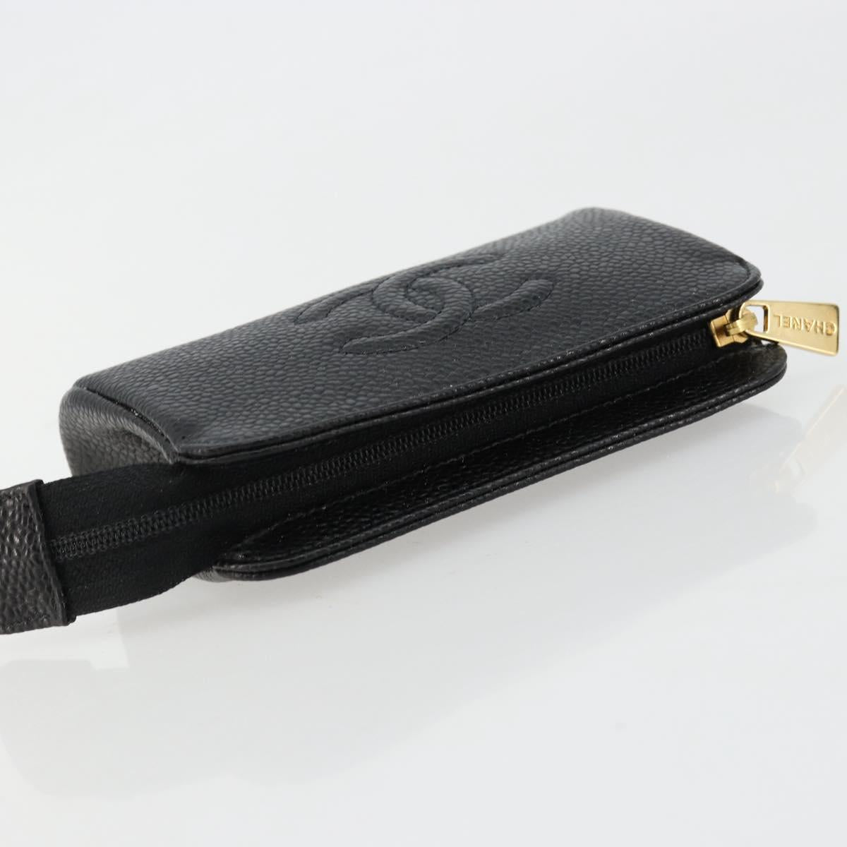 CHANEL COCO Mark Pouch Caviar Skin Black Gold CC Auth 153420