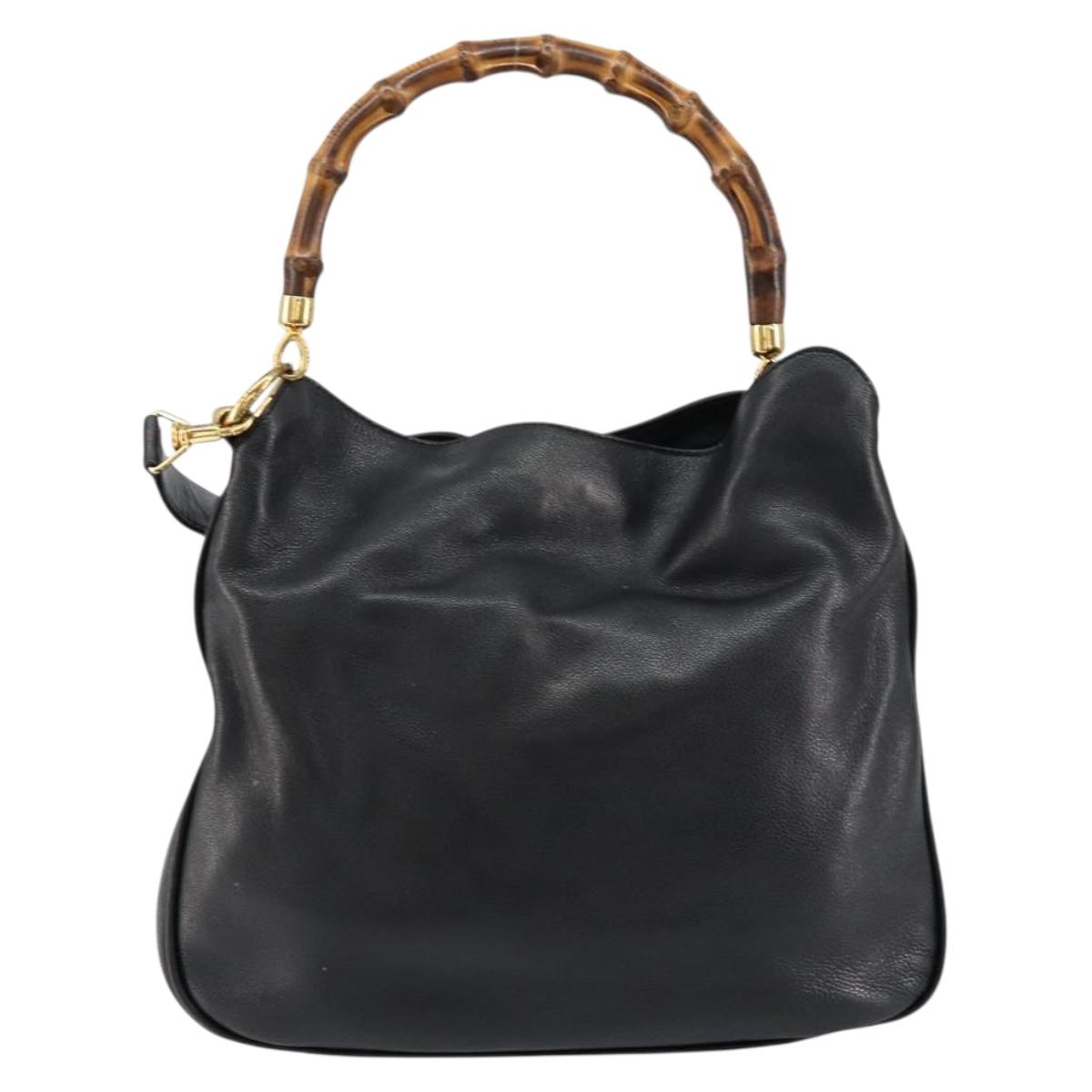 GUCCI Bamboo Hand Bag Leather 2way Black Gold 001 14 1638 Auth 153439