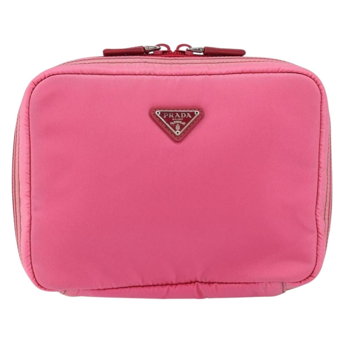 PRADA Vanity Cosmetic Pouch Nylon Pink Silver Auth 153441