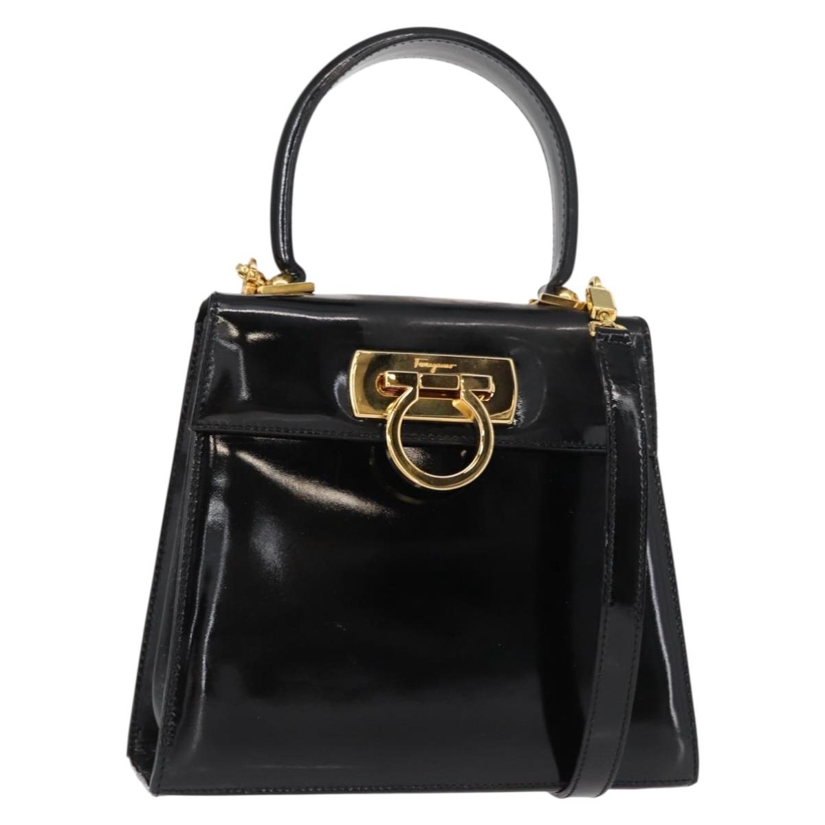 Salvatore Ferragamo Gancini Hand Bag Enamel 2way Black Gold Auth 153460