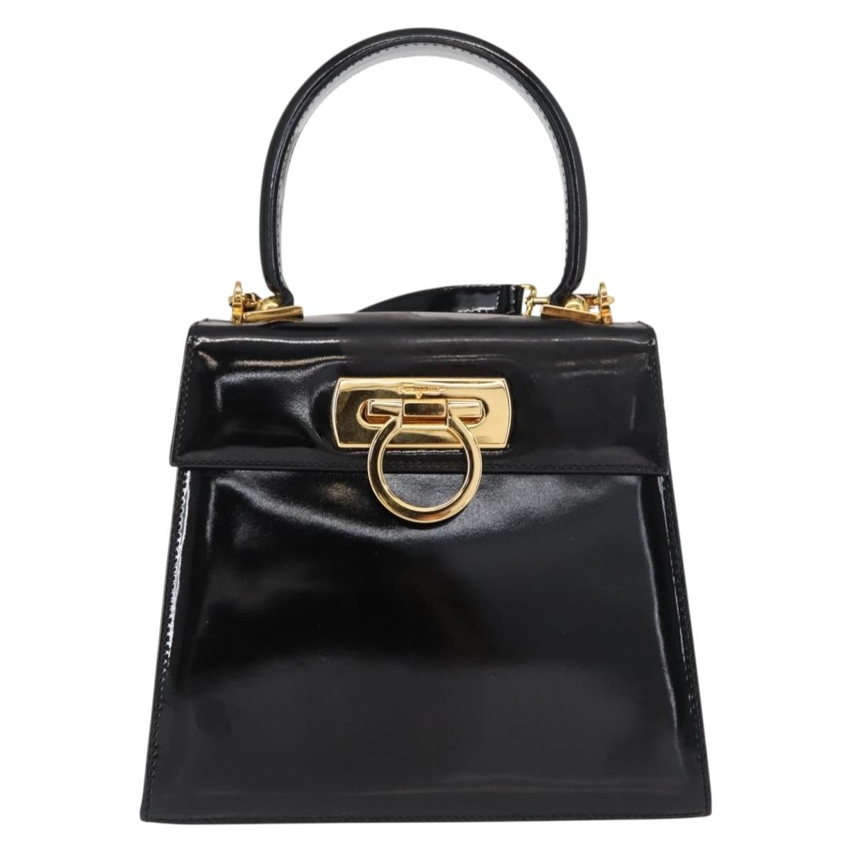 Salvatore Ferragamo Gancini Hand Bag Enamel 2way Black Gold Auth 153460