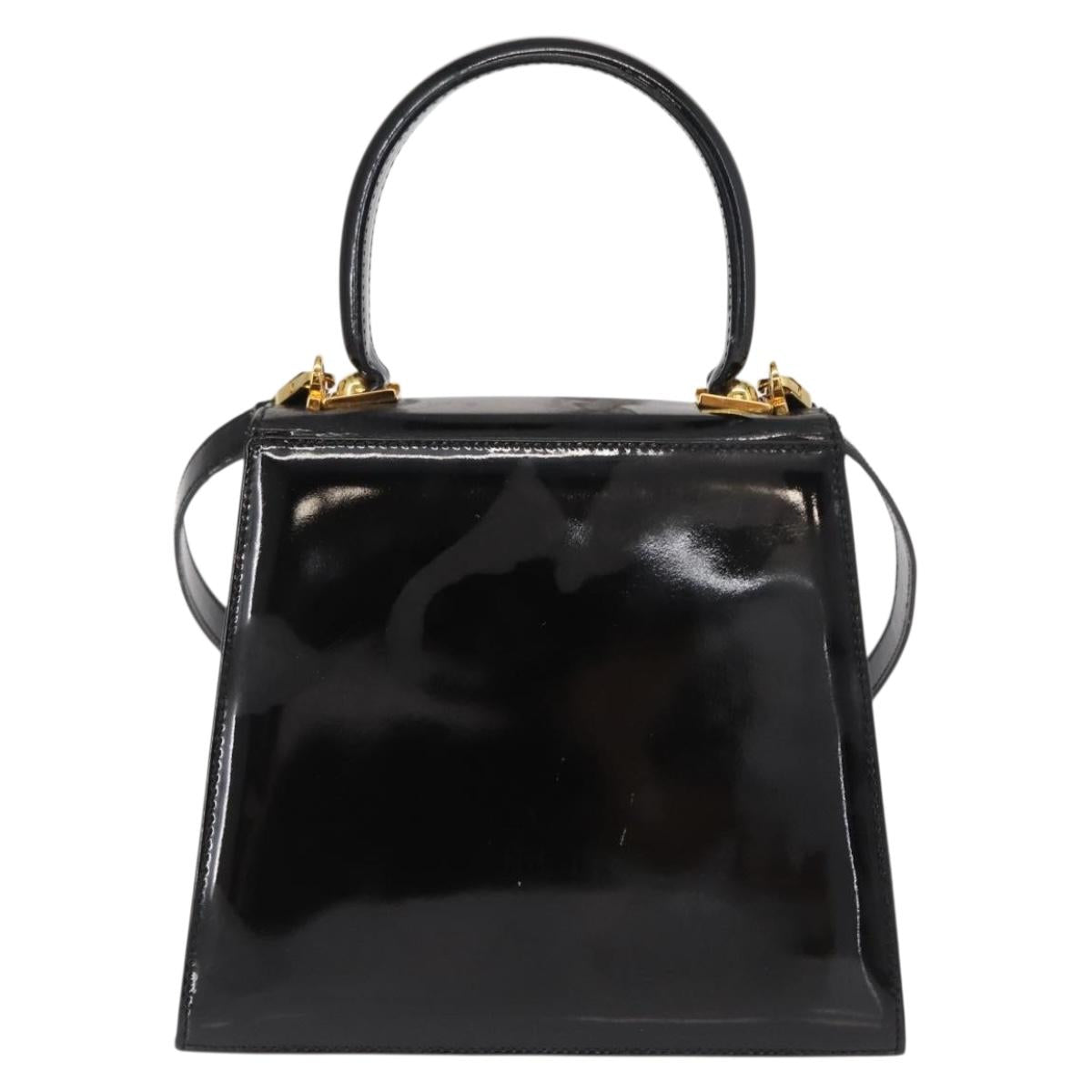 Salvatore Ferragamo Gancini Hand Bag Enamel 2way Black Gold Auth 153460