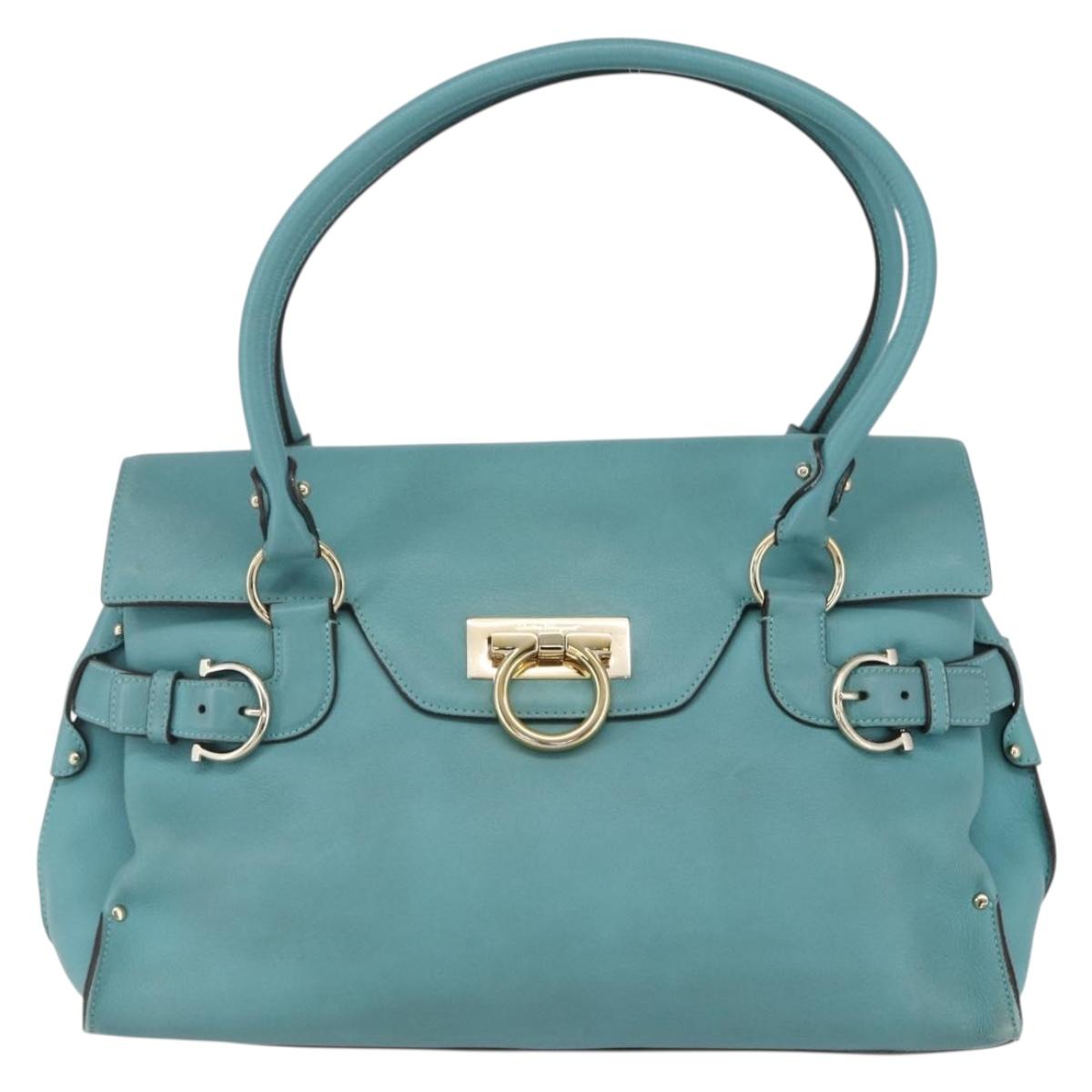 Salvatore Ferragamo Gancini Tote Bag Leather Turquoise Blue Auth 153461