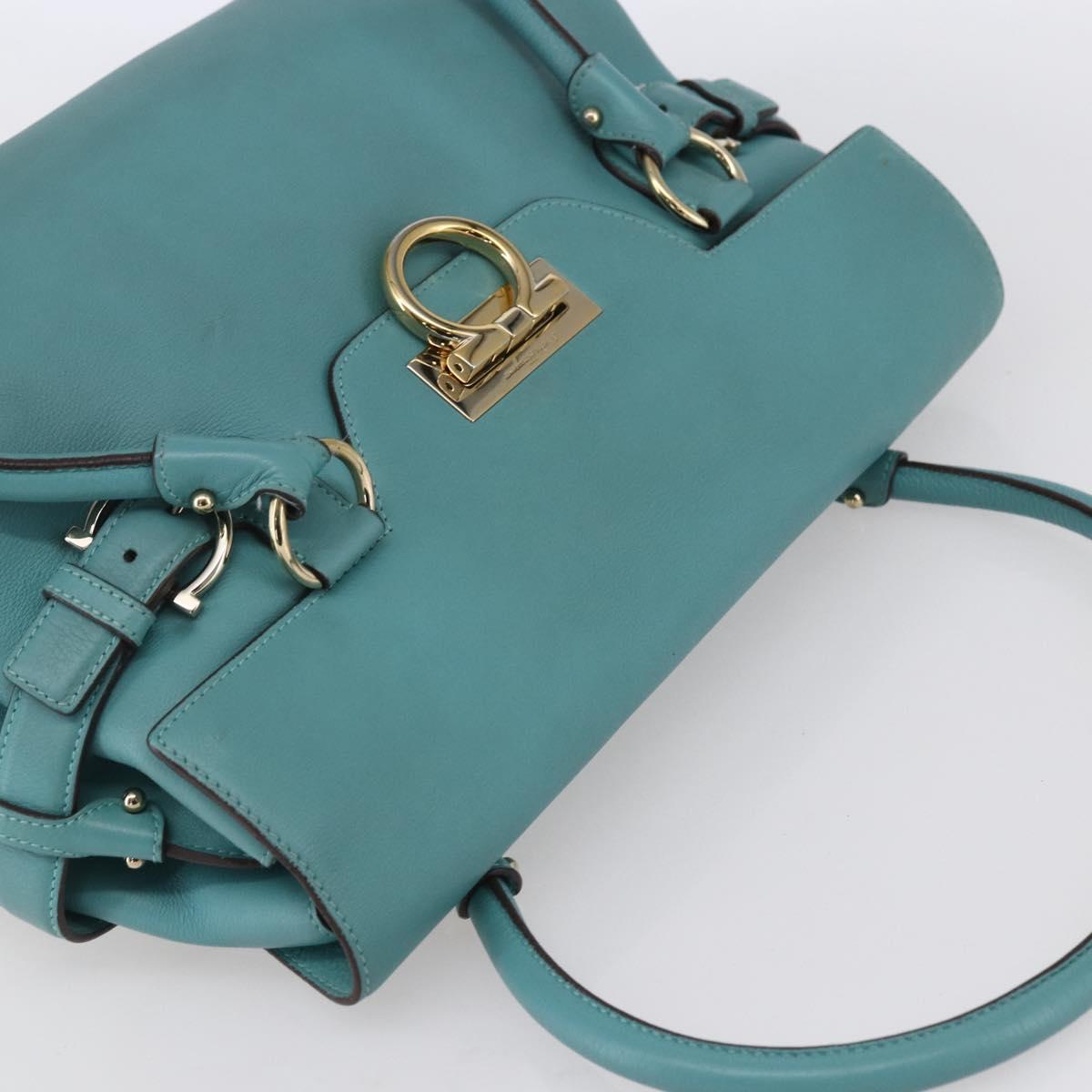 Salvatore Ferragamo Gancini Tote Bag Leather Turquoise Blue Auth 153461