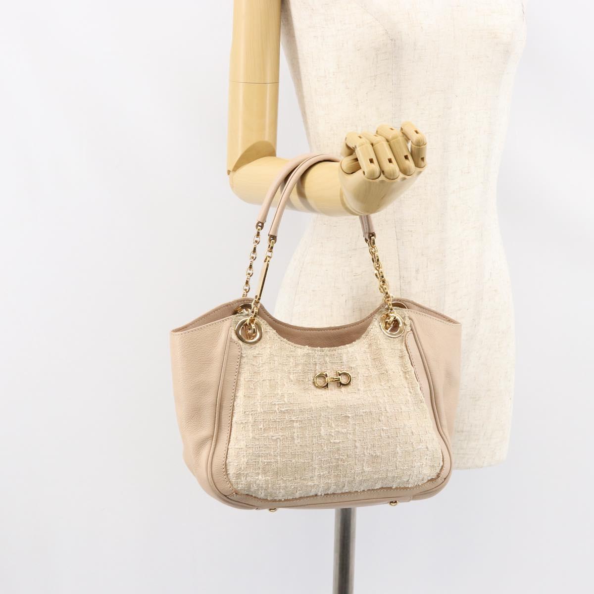 Salvatore Ferragamo Gancini Tote Bag Tweed Suede Beige Gold Auth 153464
