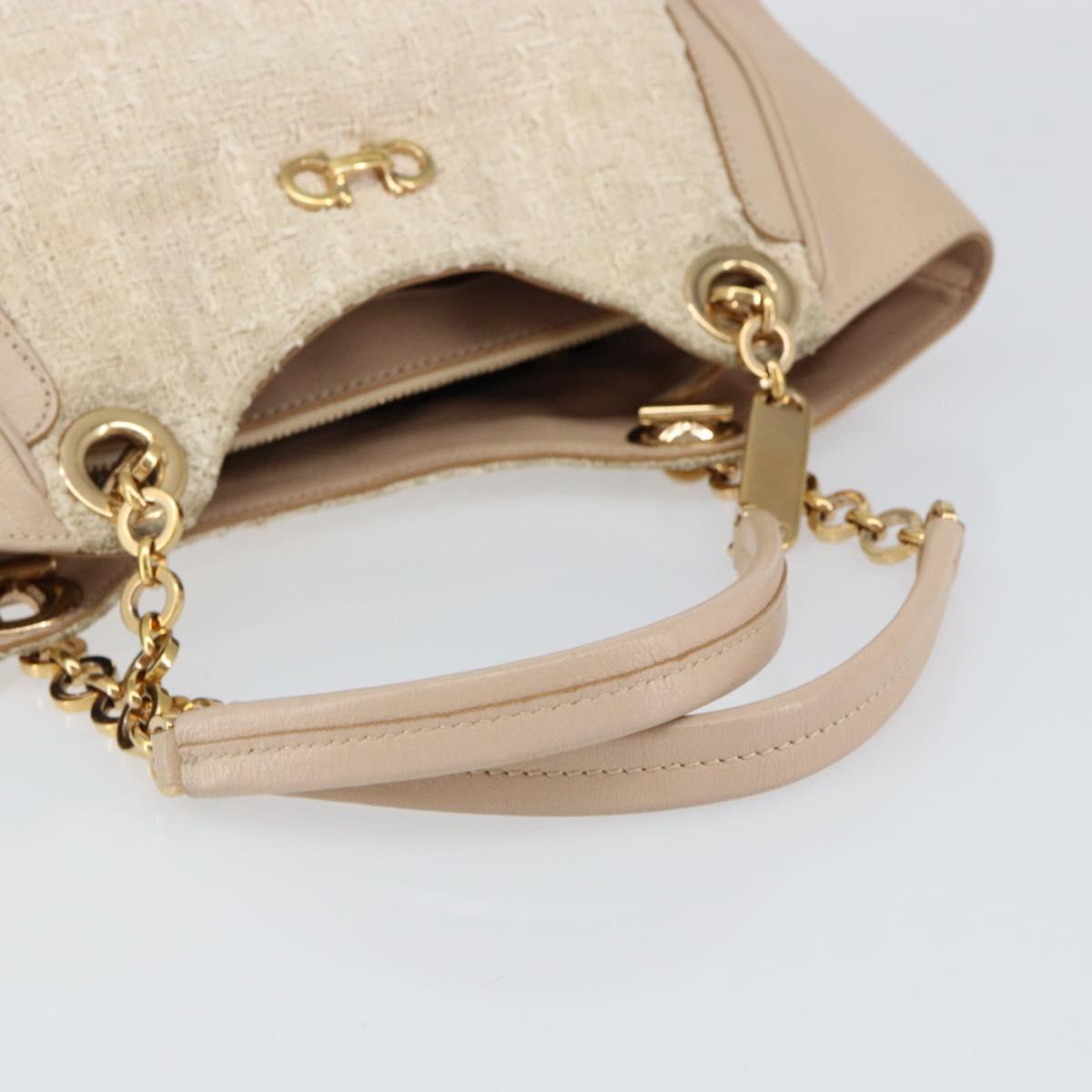 Salvatore Ferragamo Gancini Tote Bag Tweed Suede Beige Gold Auth 153464