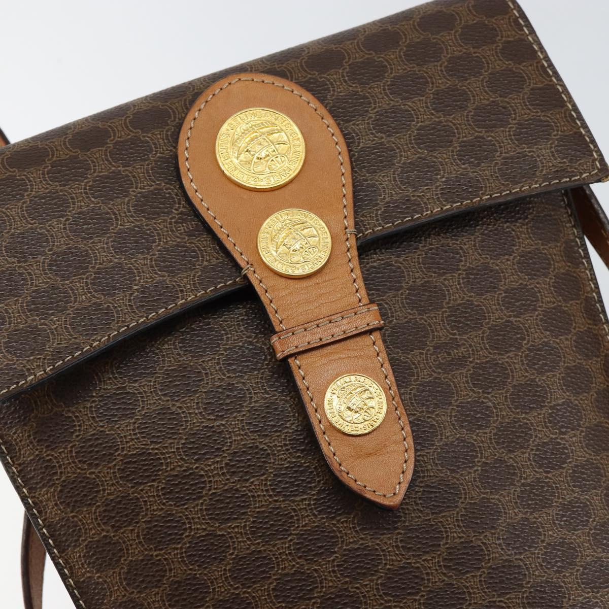 CELINE Macadam Canvas Medallion Shoulder Bag PVC Leather Brown Gold Auth 153467