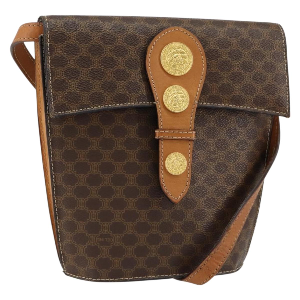 CELINE Macadam Canvas Medallion Shoulder Bag PVC Leather Brown Gold Auth 153467