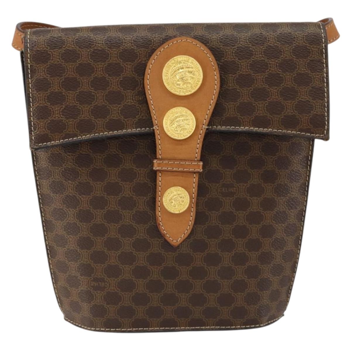 CELINE Macadam Canvas Medallion Shoulder Bag PVC Leather Brown Gold Auth 153467