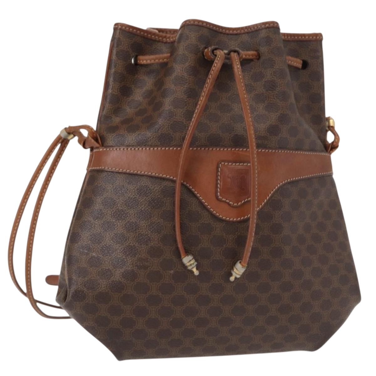 CELINE Macadam Canvas Shoulder Bag PVC Leather Brown Gold Auth 153471