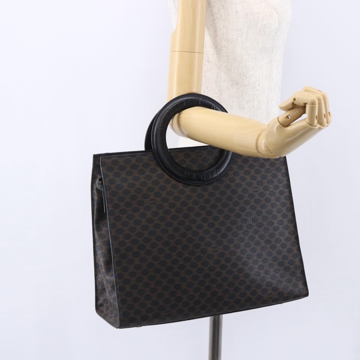 CELINE Macadam Canvas Circle Hand Bag PVC Leather Black Gold Auth 153472