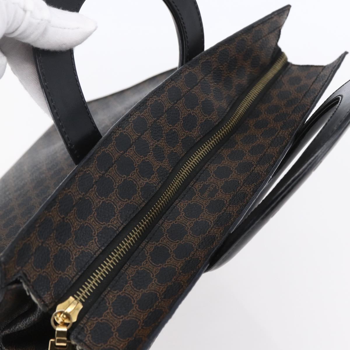 CELINE Macadam Canvas Circle Hand Bag PVC Leather Black Gold Auth 153472