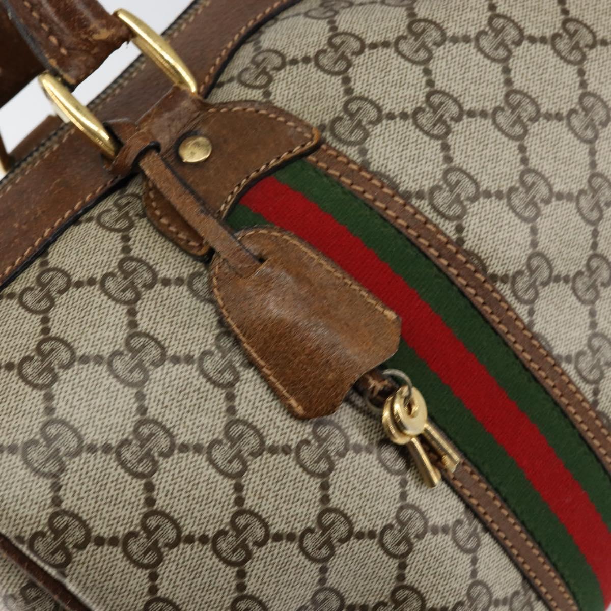 GUCCI GG Supreme Web Sherry Line Boston Bag PVC Beige Gold Auth 153478