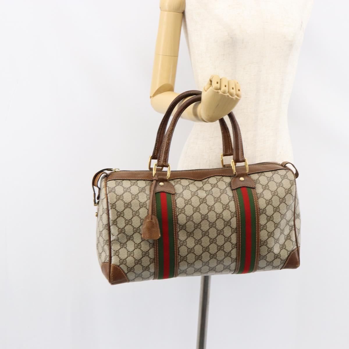 GUCCI GG Supreme Web Sherry Line Boston Bag PVC Beige Gold Auth 153478